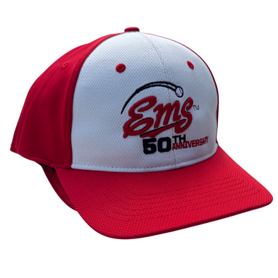 Red and white cap with 'Em's 50th Anniversary' text on a white background