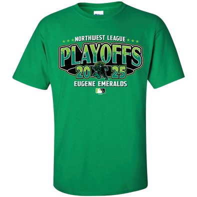 Green T-shirt with “Northwest League Playoffs 2025” and “Eugene Emeralds” printed on the front, featuring a central graphic of the team’s Sasquatch mascot.