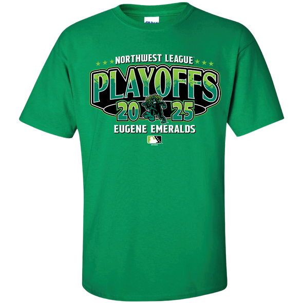 Green T-shirt with “Northwest League Playoffs 2025” and “Eugene Emeralds” printed on the front, featuring a central graphic of the team’s Sasquatch mascot.