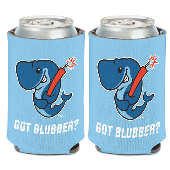 Two blue can coolers with a cartoon whale holding a red stick of dynamite and 'Got Blubber?' text.