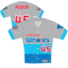 A Wilson brand baseball jersey with 'Exploding Whales' printed on the front and the back, featuring a geometric pattern in blue and white tones.