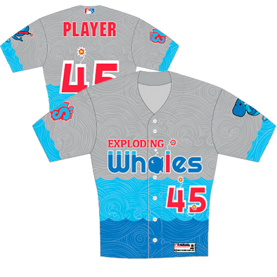 A Wilson brand baseball jersey with 'Exploding Whales' printed on the front and the back, featuring a geometric pattern in blue and white tones.