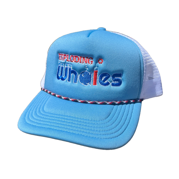 Blue Trucker cap with 'Exploding Whales' text on a white background